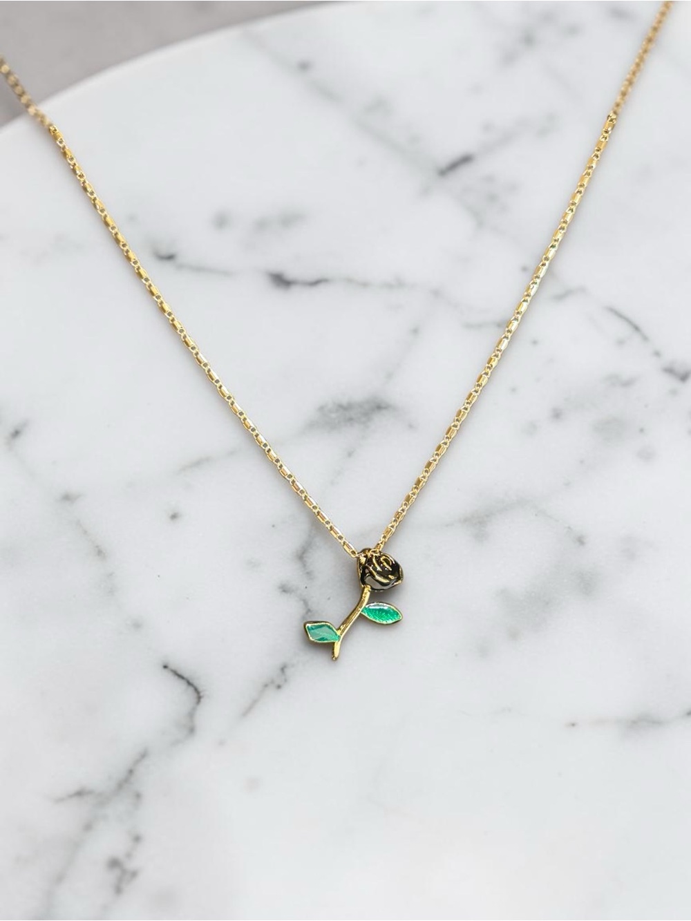 Gold Black Rose Pendant Necklace with Green Leaves